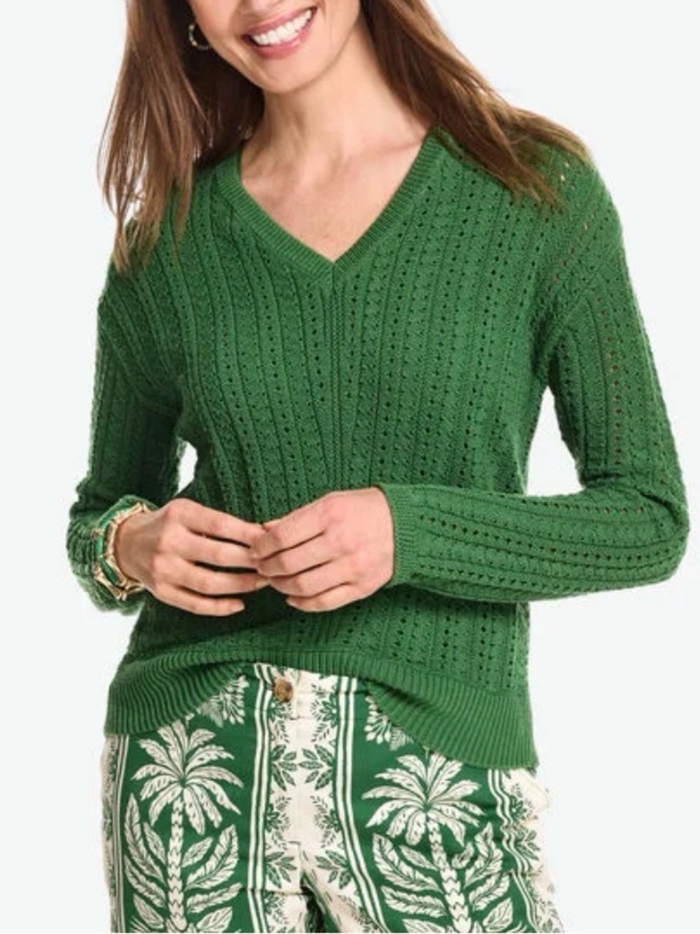 Talbots Green Pointelle V-Neck Sweater